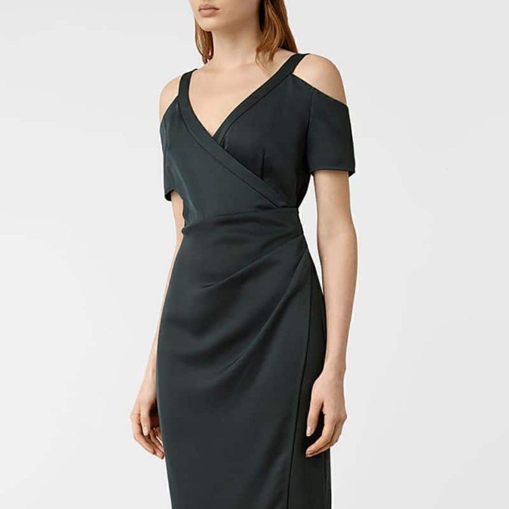 All Saints Dress “Cadia”Black Cold Shoulder Wrap Dress Excellent  4